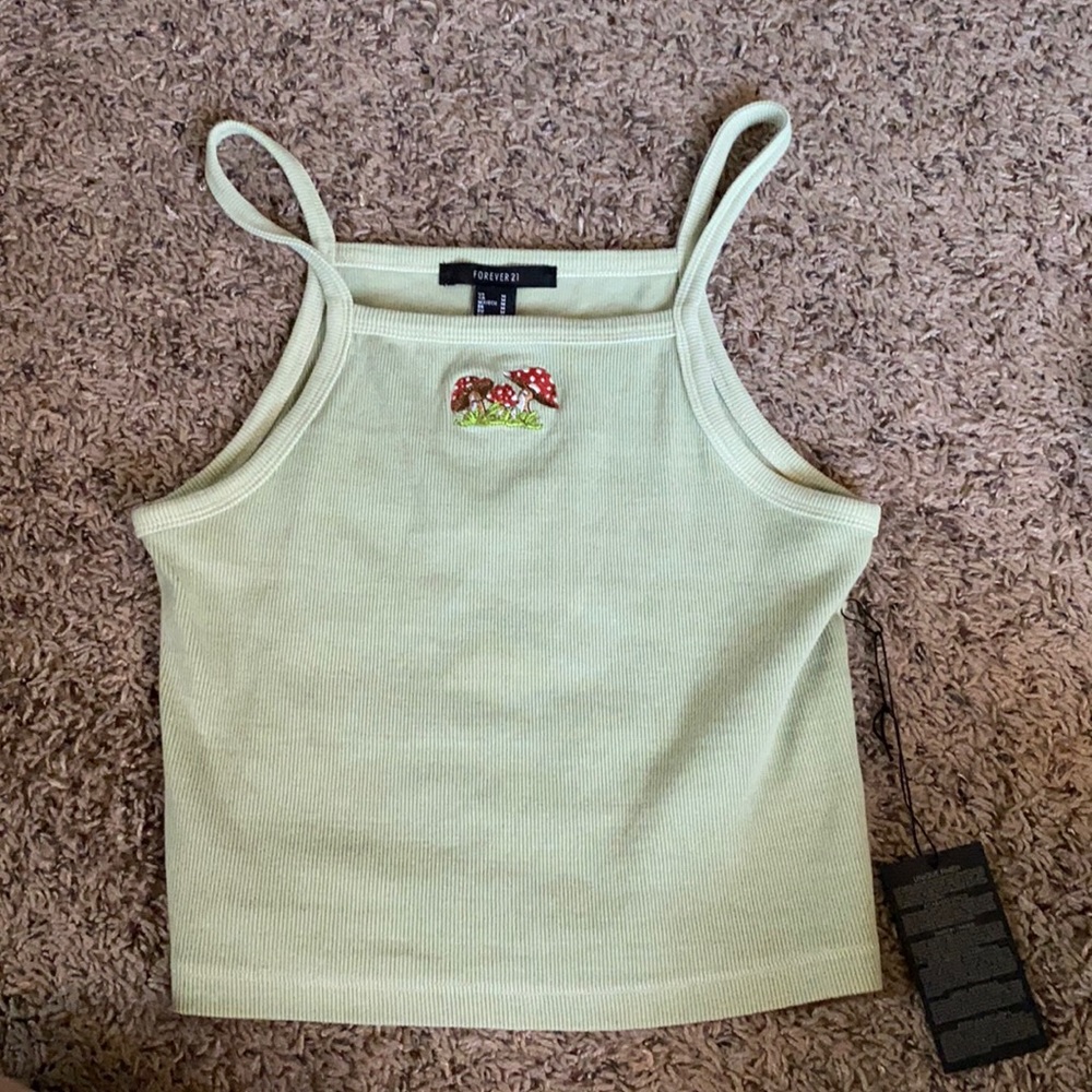 F21 Sage green crop top w/ mushroom embroidery